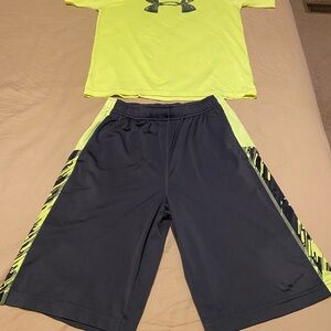 Nike shorts with Under Armour Neon yellow T-shirt.